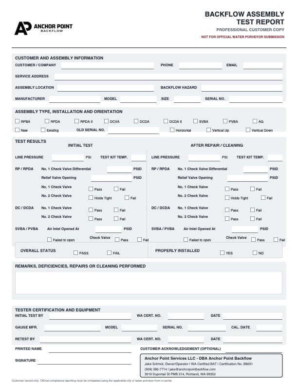 Blank Anchor Point Backflow Assembly Test Report